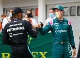 Lewis Hamilton (GBR) Mercedes AMG F1 celebrates his third position with second placed Sebastian Vettel (GER) Aston Martin F1