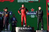 1st place Charles Leclerc (MON) Ferrari F1-75 with 2nd place Sergio Perez (MEX) Red Bull Racing RB18 and 3rd place Jorge