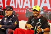(L to R): Max Verstappen (NLD) Red Bull Racing and Lewis Hamilton (GBR) Mercedes AMG F1 in the post race FIA Press