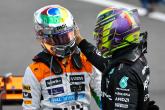 (L to R): Lando Norris (GBR) McLaren celebrates his second position with third placed Lewis Hamilton (GBR) Mercedes AMG