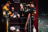 The podium (L to R): Lando Norris (GBR) McLaren, second; Max Verstappen (NLD) Red Bull Racing, race winner; Sergio Perez
