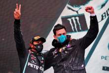 Race winner and World Champion Lewis Hamilton (GBR) Mercedes AMG F1 celebrates on the podium with Toto Wolff (GER) Mercedes AMG F1 Shareholder and Executive Director.