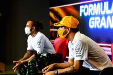 Daniel Ricciardo (AUS) McLaren and Lewis Hamilton (GBR) Mercedes AMG F1 in the FIA Press Conference.