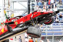 The damaged Ferrari SF-21 of pole sitter Charles Leclerc (MON) Ferrari, who crashed out at the end of qualifying.