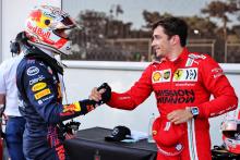 Charles Leclerc (MON) Ferrari (Right) celebrates his pole position in qualifying parc ferme with Max Verstappen (NLD) Red Bull Racing.