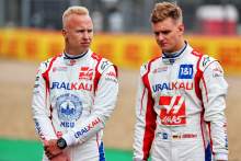 (L to R): Nikita Mazepin (RUS) Haas F1 Team and team mate Mick Schumacher (GER) Haas F1 Team - 2022 Car Launch.