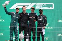 The podium (L to R): Sebastian Vettel (GER) Aston Martin F1 Team, second; Laurent Rossi (FRA) Alpine Chief Executive Officer; Esteban Ocon (FRA) Alpine F1 Team, race winner; Lewis Hamilton (GBR) Mercedes AMG F1, third.