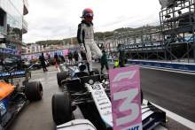 George Russell (GBR) Williams Racing FW43B celebrates 3rd position in qualifying parc ferme.