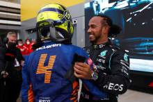 (L to R): Lando Norris (GBR) McLaren with race winner Lewis Hamilton (GBR) Mercedes AMG F1 in parc ferme.