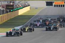 Lewis Hamilton (GBR) Mercedes AMG F1 W11 leads at the restart of the race.