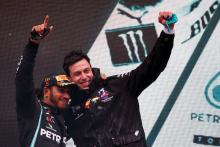 Race winner Lewis Hamilton (GBR) Mercedes AMG F1 celebrates winning his seventh World Championship with Toto Wolff (GER)