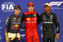 Qualifying top three in parc ferme (L to R): Sergio Perez (MEX) Red Bull Racing, second; Charles Leclerc (MON) Ferrari, pole