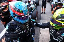 George Russell (GBR) Mercedes AMG F1 celebrates finishing first in Sprint parc ferme with third placed team mate Lewis