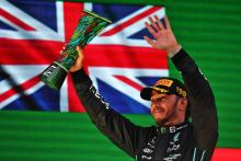 Lewis Hamilton (GBR) Mercedes AMG F1 celebrates his second position on the podium. Formula 1 World Championship, Rd 21,