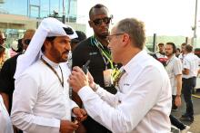 (L to R): Mohammed Bin Sulayem (UAE) FIA President with Usain Bolt (JAM) Former Athlete and Stefano Domenicali (ITA) Formula
