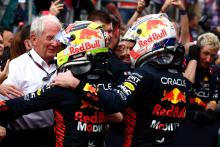 (L to R): Race winner Sergio Perez (MEX) Red Bull Racing and second placed team mate Max Verstappen (NLD) Red Bull Racing