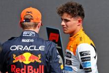 (L to R): Pole sitter Max Verstappen (NLD) Red Bull Racing with second placed Lando Norris (GBR) McLaren in qualifying parc