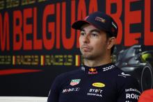 Sergio Perez (MEX) Red Bull Racing in the post race FIA Press Conference. Formula 1 World Championship, Rd 13, Belgian