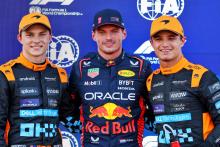 Qualifying top three in parc ferme (L to R): Oscar Piastri (AUS) McLaren, second; Max Verstappen (NLD) Red Bull Racing, pole