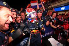 Max Verstappen (NLD) Red Bull Racing celebrates winning his third World Championship in Sprint parc ferme with the team.
