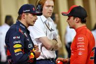 (L to R): Max Verstappen (NLD) Red Bull Racing in qualifying parc ferme with Charles Leclerc (MON) Ferrari. Formula 1