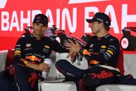 (L to R): Sergio Perez (MEX) Red Bull Racing and team mate Max Verstappen (NLD) Red Bull Racing in the post race FIA Press