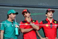 (L to R): Fernando Alonso (ESP) Aston Martin F1 Team with Carlos Sainz Jr (ESP) Ferrari and Charles Leclerc (MON) Ferrari on