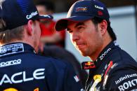 Sergio Perez (MEX) Red Bull Racing and team mate Max Verstappen (NLD) Red Bull Racing in qualifying parc ferme. Formula 1