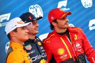 Qualifying top three in parc ferme (L to R): Lando Norris (GBR) McLaren, second; Max Verstappen (NLD) Red Bull Racing, pole