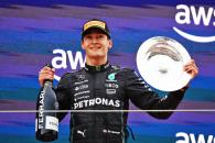 George Russell (GBR) Mercedes AMG F1 celebrates his third position on the podium. Formula 1 World Championship, Rd 8,