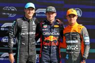 Qualifying top three in parc ferme (L to R): George Russell (GBR) Mercedes AMG F1, third; Max Verstappen (NLD) Red Bull