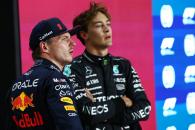 (L to R): Pole sitter Max Verstappen (NLD) Red Bull Racing with George Russell (GBR) Mercedes AMG F1 in qualifying parc