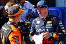 (L to R): Third placed Lando Norris (GBR) McLaren in qualifying parc ferme with pole sitter Max Verstappen (NLD) Red Bull