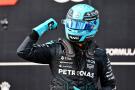 George Russell (GBR) Mercedes AMG F1 celebrates his pole position in qualifying parc ferme. Formula 1 World Championship,