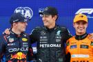 Qualifying top three in parc ferme (L to R): Max Verstappen (NLD) Red Bull Racing, second; George Russell (GBR) Mercedes AMG