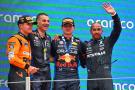 The podium (L to R): Lando Norris (GBR) McLaren, second; Max Verstappen (NLD) Red Bull Racing, race winner; Lewis Hamilton